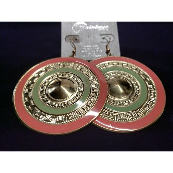 Rainbow Brand BOHO Style Earrings, Very Large, Gold Tone, Pink & Green, NWT - Picture 3 of 7